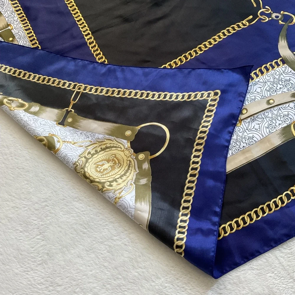Vintage Equestrian Chain Medallion Scarf 36” Square Navy Gold Silk Feel